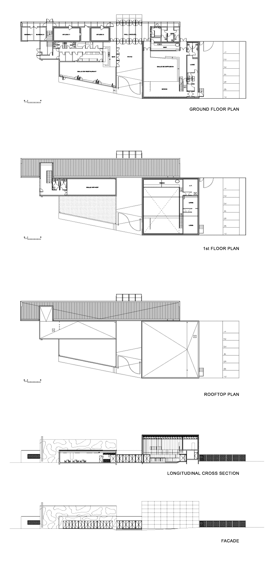 ground floor - 1st floor - rooftop plans - cross section - façade Café Musiques